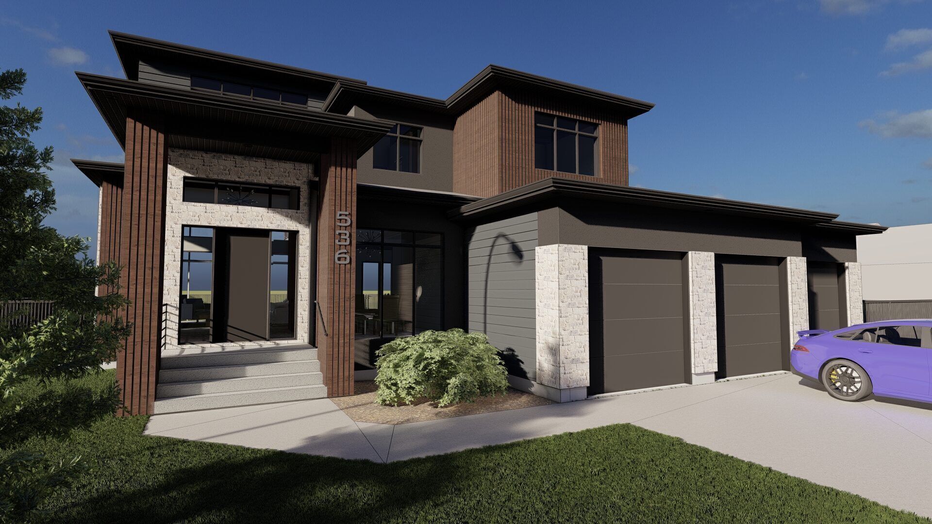 Rendering of the Denali from the street, with a triple garage