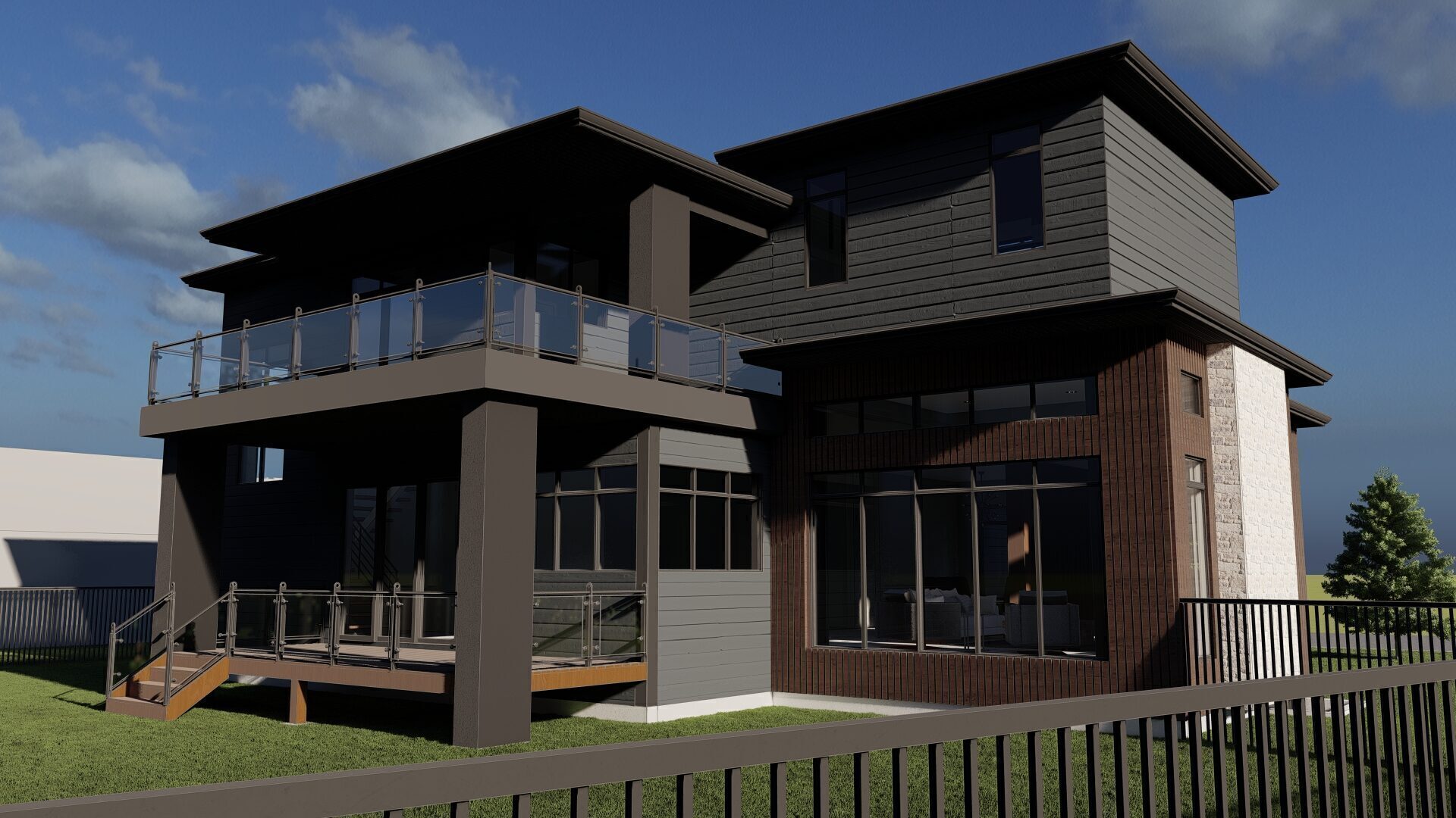 Rendering of the rear of the Denali, with its upper balcony and deck