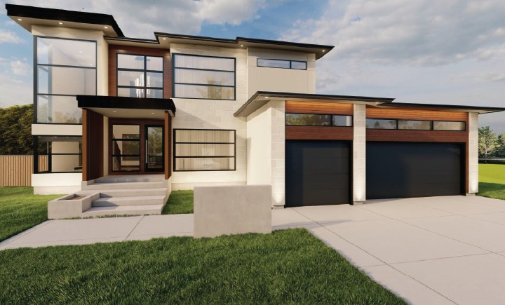 Rendering of the Rainier, a two-storey home with a triple garage