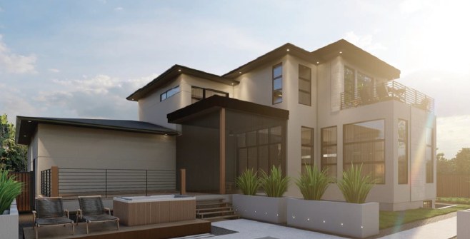 Rendering of the rear of the Rainier with its great room and patio