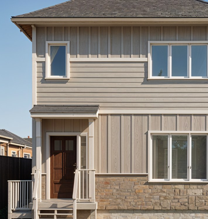 Two-storey Aspen Ridge home with a veranda and board-and-batten siding
