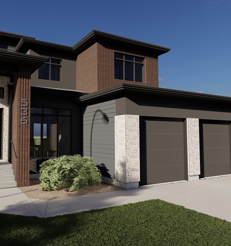 Rendering of a modern two-storey Greenbryre home with wood-panel and stucco cladding