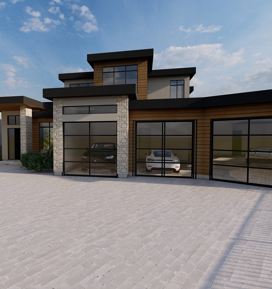 Rendering of a contemporary Greenbryre Estates home with a wide paved drive