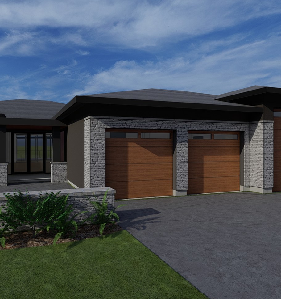 Rendering of a Greenbryre bungalow with stone accents and a double garage