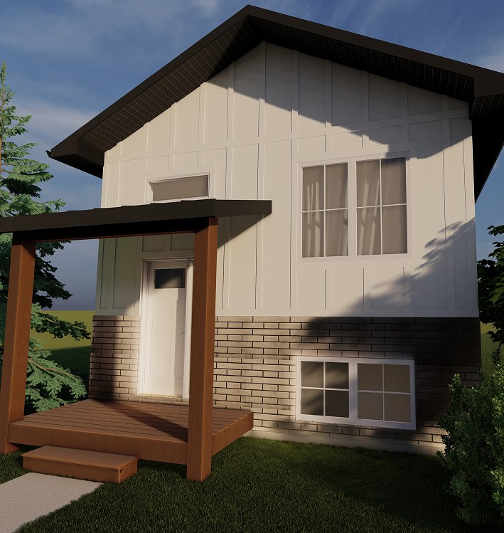 Rendering of a Decora bilevel with a cedar-framed entry