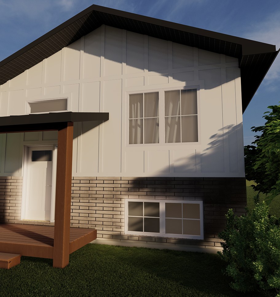 Rendering of the Phoenix bilevel with a cedar-post porch and stone