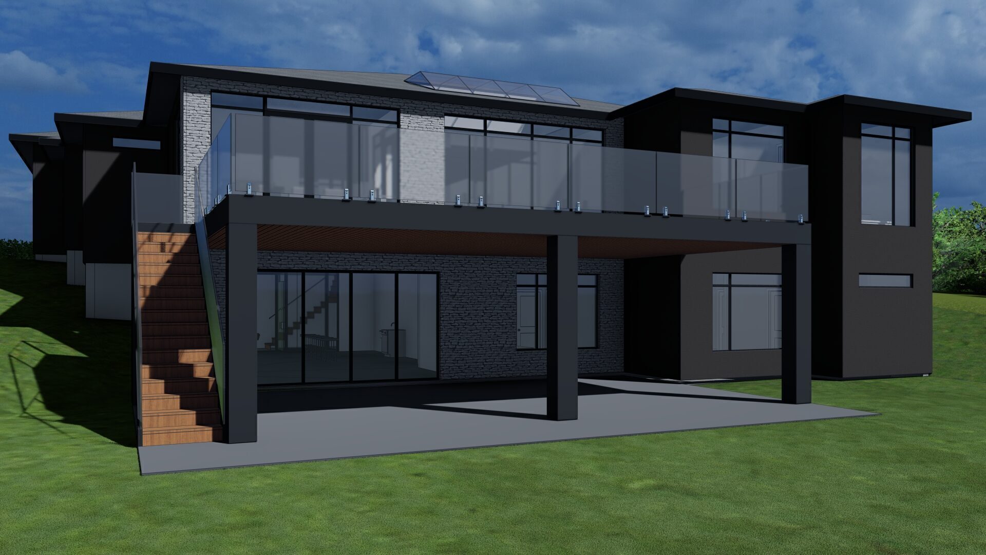 Rendering of the Sierra’s walkout rear elevation at dusk
