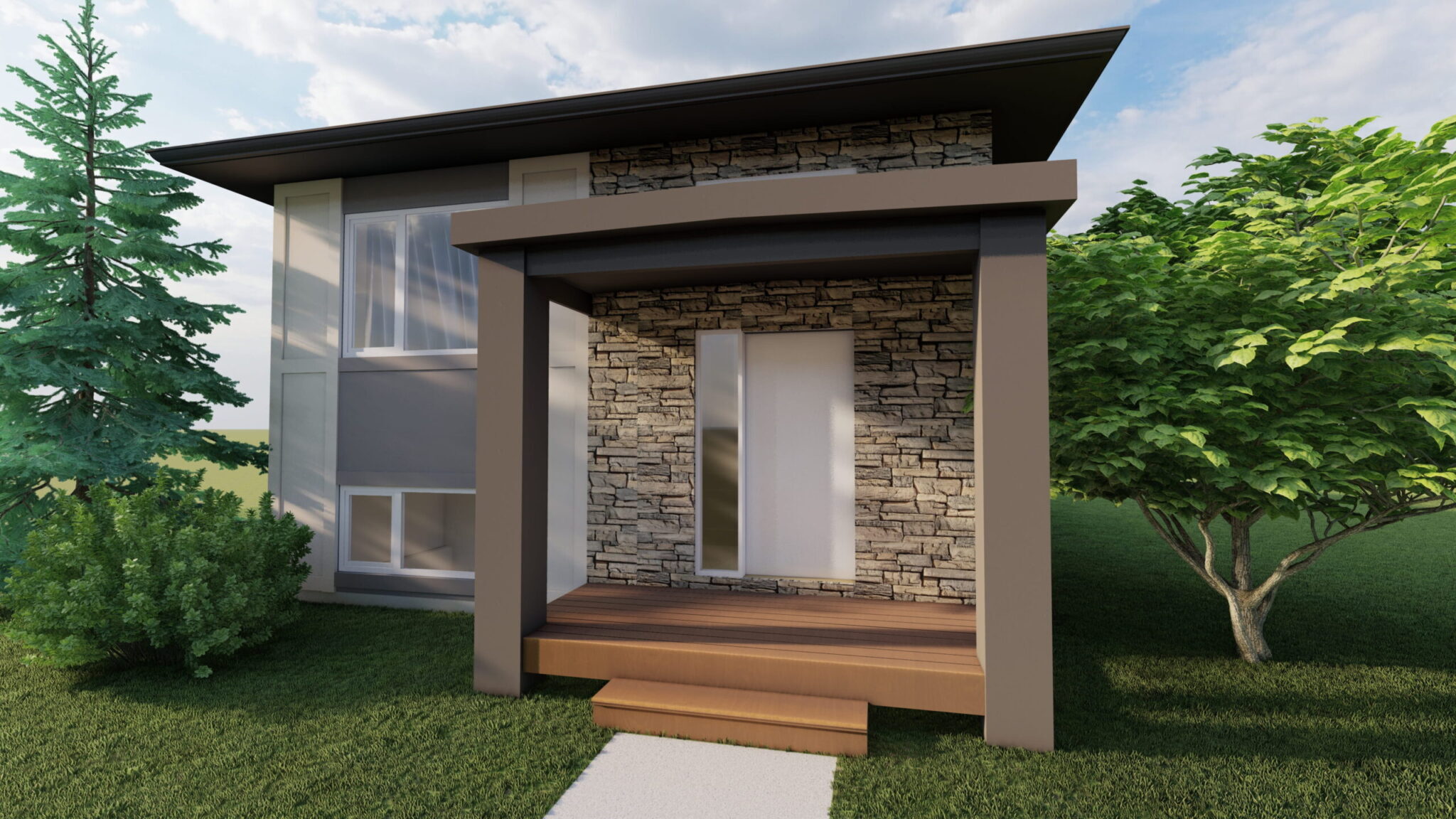 Rendering of the Phoenix bilevel with a timber-framed front entry and stone accents