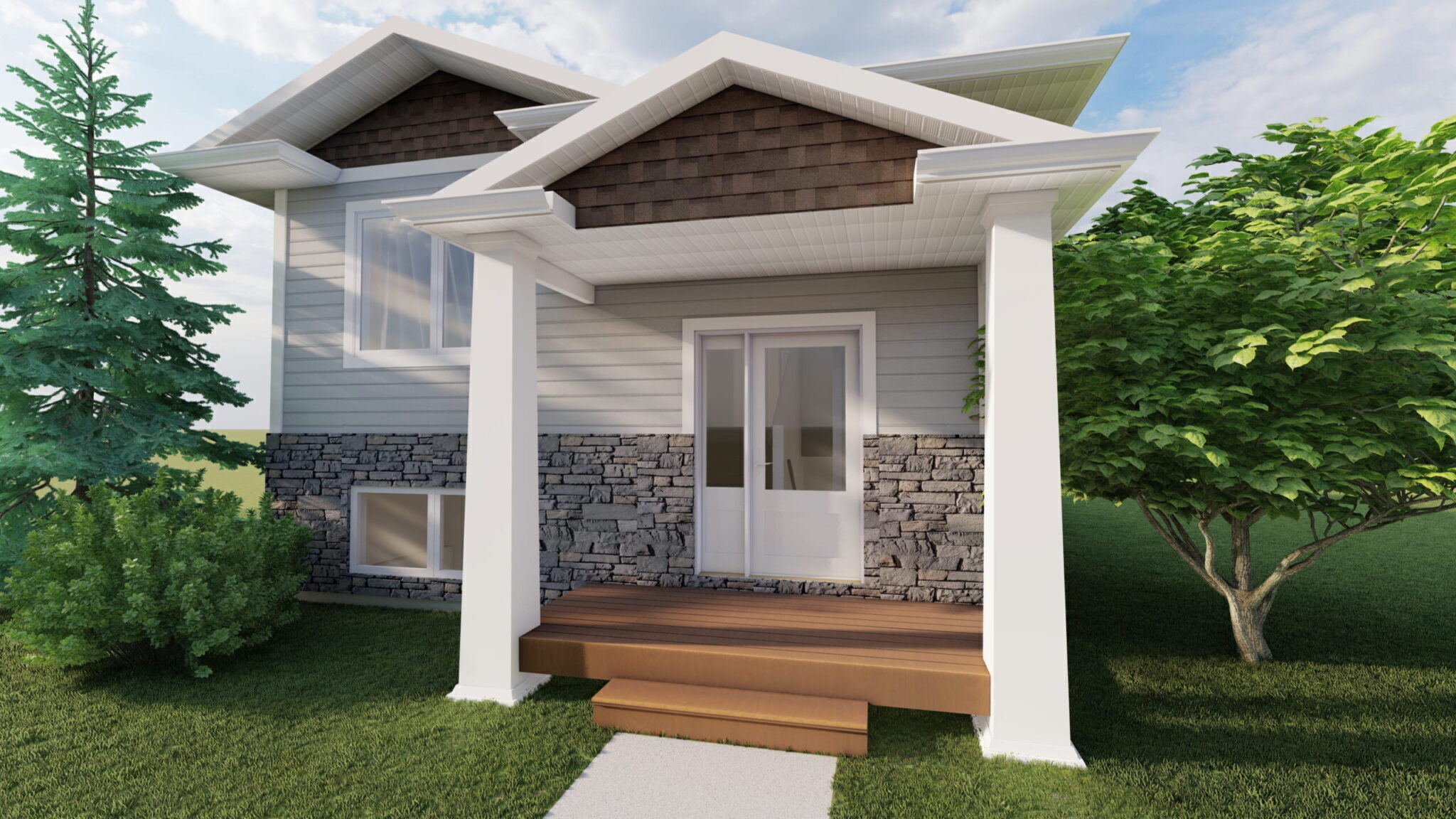 Rendering of the Phoenix bilevel with white columns and a front deck