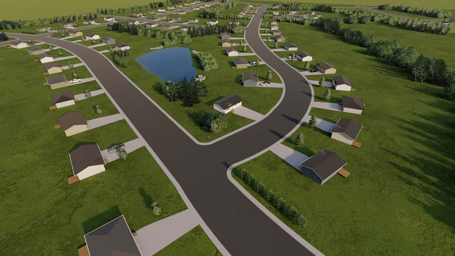 Aerial rendering of a ready-to-move community around a pond